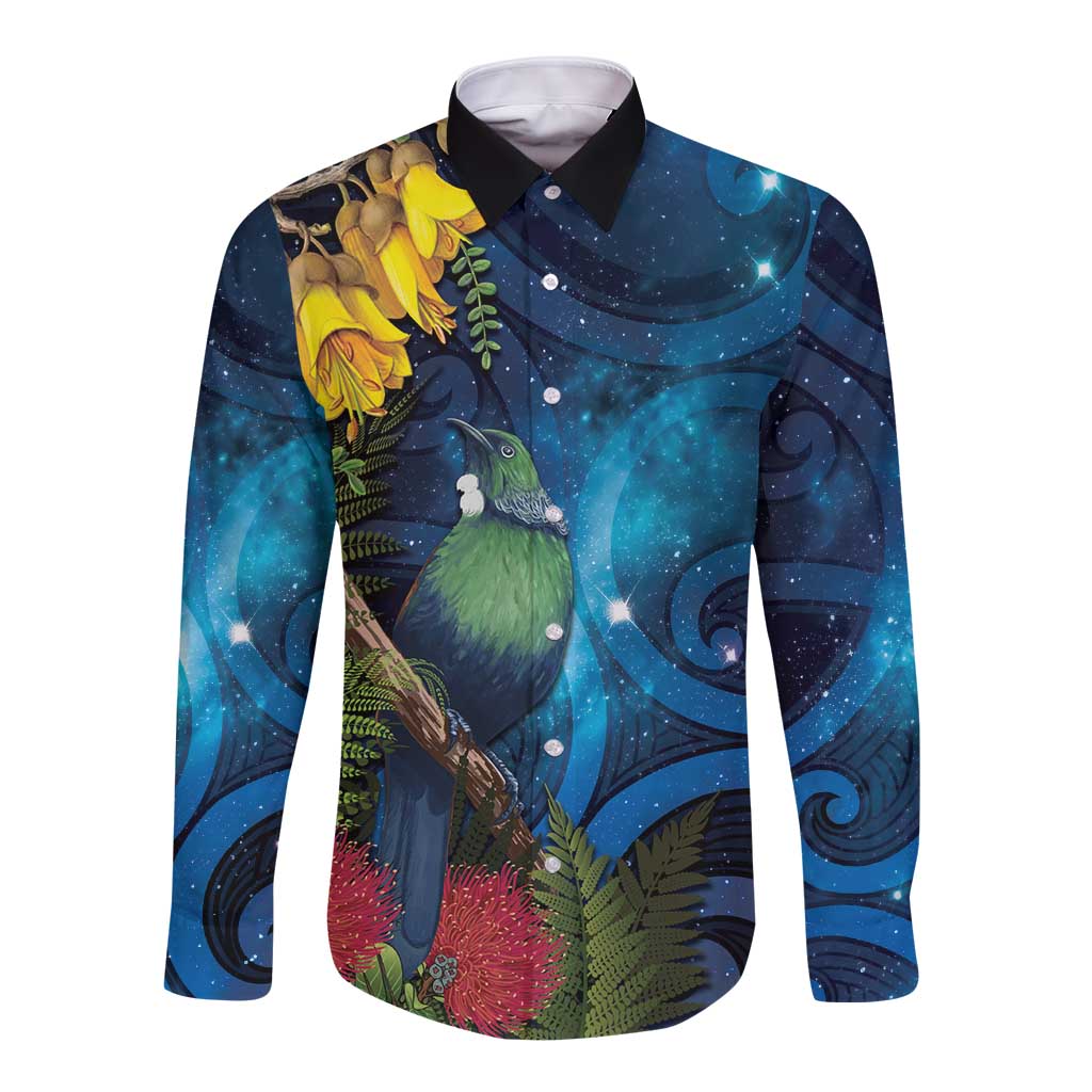 Tui Bird New Zealand Starry Sky Long Sleeve Button Shirt Maori Koru LT7 Unisex Galaxy - Polynesian Pride