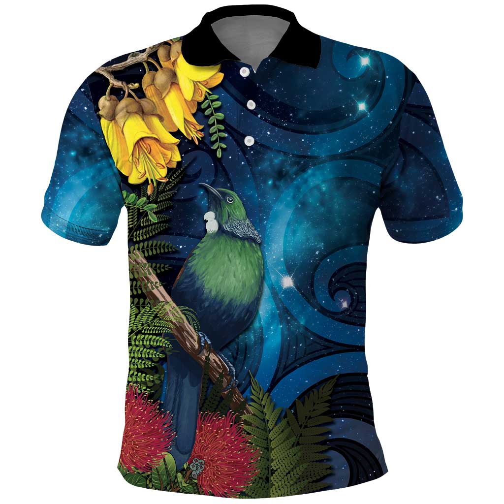 Tui Bird New Zealand Starry Sky Polo Shirt Maori Koru LT7 Galaxy - Polynesian Pride