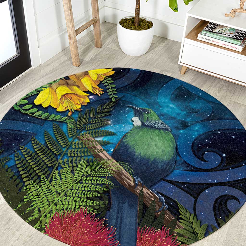 Tui Bird New Zealand Starry Sky Round Carpet Maori Koru LT7 Galaxy - Polynesian Pride