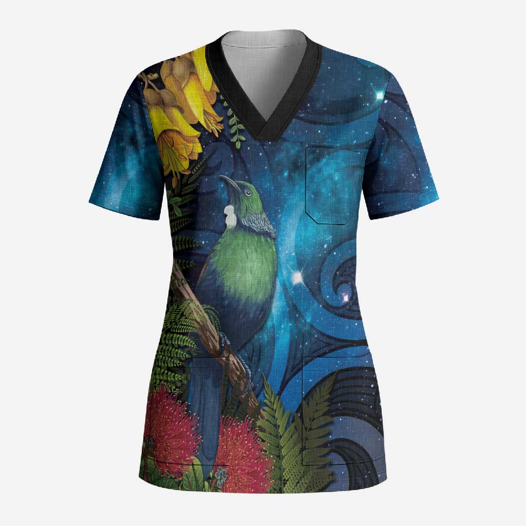 Tui Bird New Zealand Starry Sky Scrub Top Maori Koru LT7 Adult Galaxy - Polynesian Pride