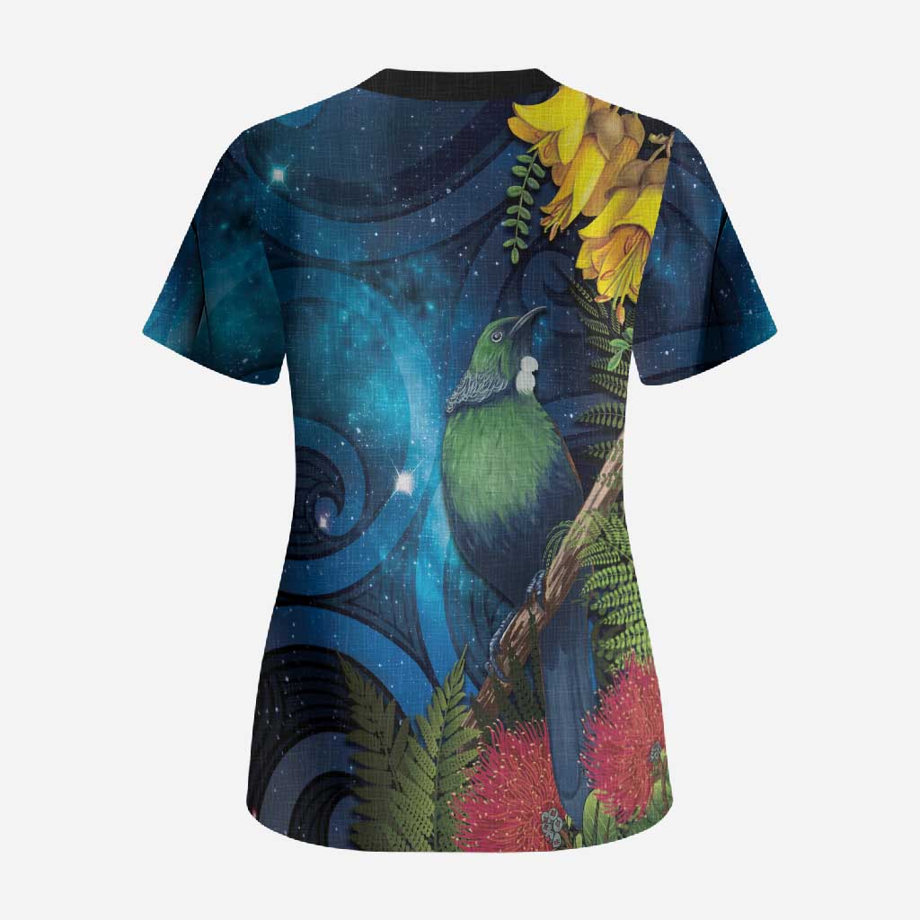 Tui Bird New Zealand Starry Sky Scrub Top Maori Koru LT7 - Polynesian Pride