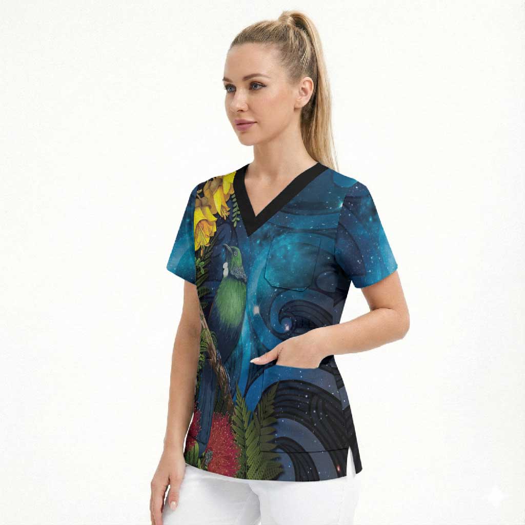 Tui Bird New Zealand Starry Sky Scrub Top Maori Koru LT7 - Polynesian Pride
