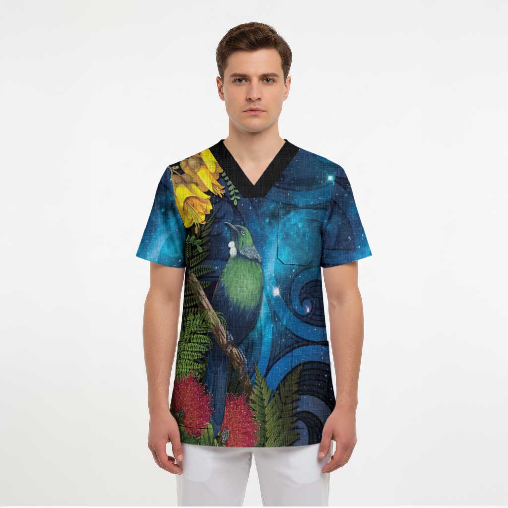 Tui Bird New Zealand Starry Sky Scrub Top Maori Koru LT7 - Polynesian Pride