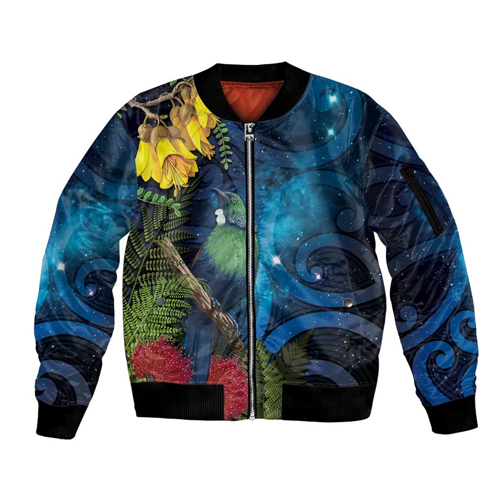 Tui Bird New Zealand Starry Sky Sleeve Zip Bomber Jacket Maori Koru LT7 Unisex Galaxy - Polynesian Pride