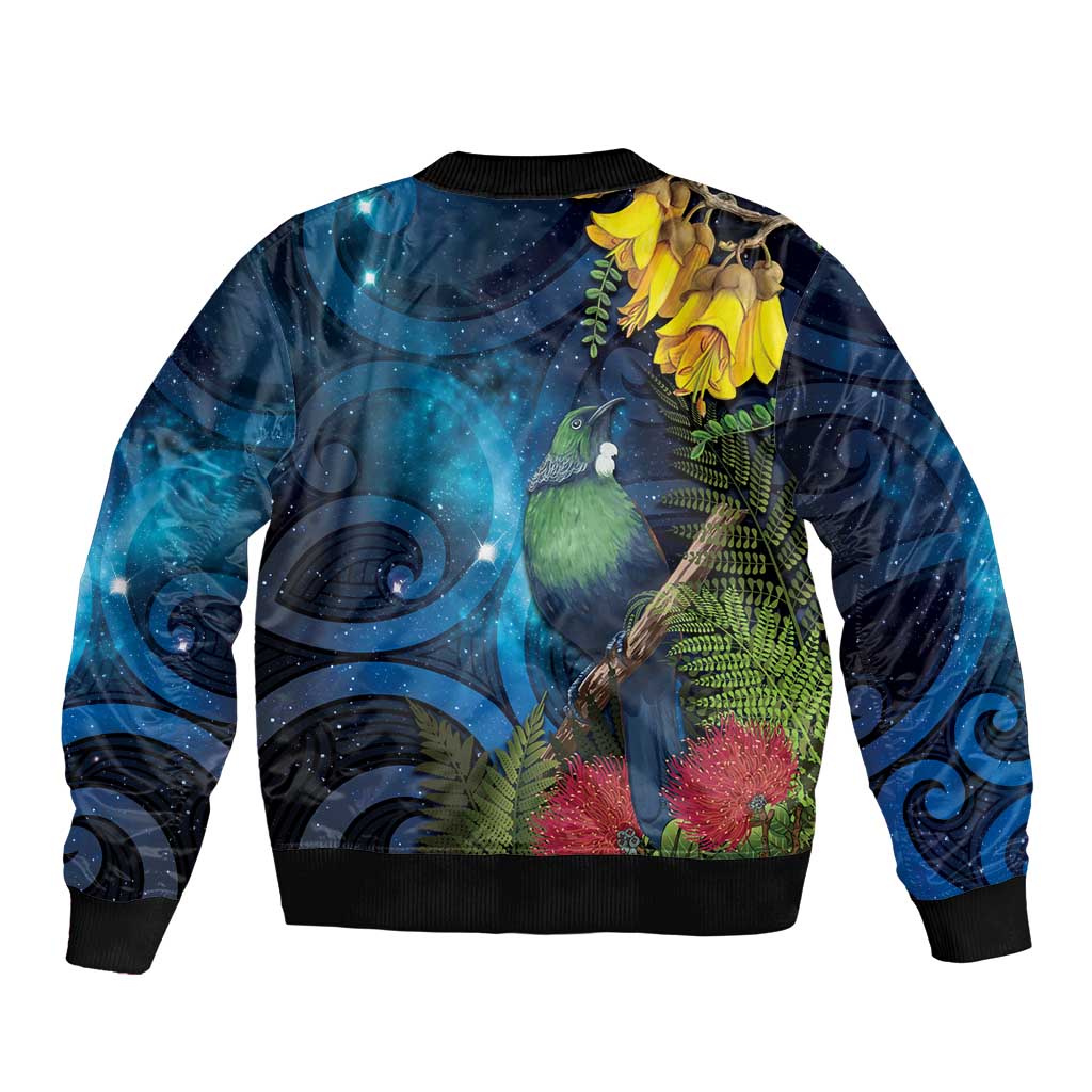 Tui Bird New Zealand Starry Sky Sleeve Zip Bomber Jacket Maori Koru LT7 - Polynesian Pride