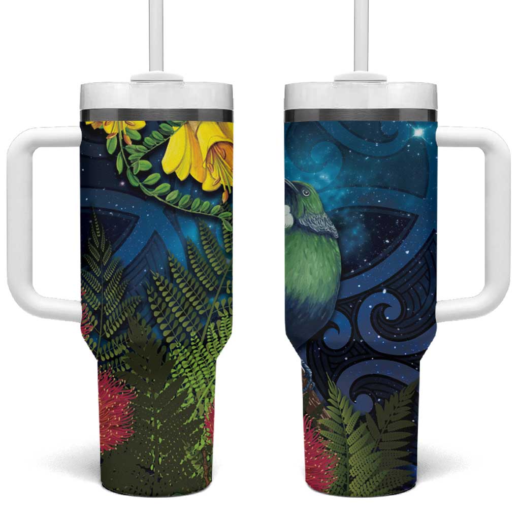Tui Bird New Zealand Starry Sky Tumbler With Handle Maori Koru LT7 One Size: 40 oz Galaxy - Polynesian Pride