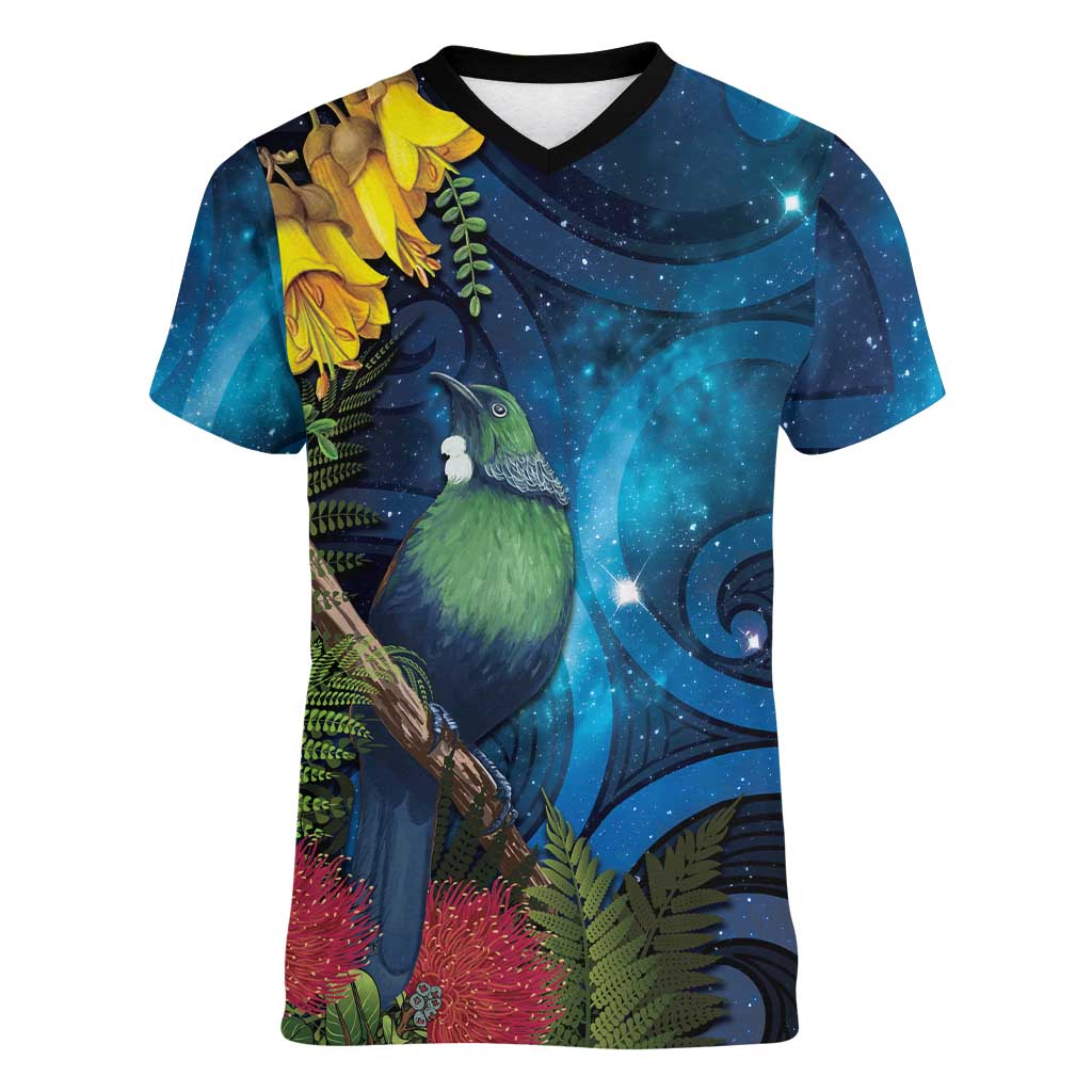 Tui Bird New Zealand Starry Sky Women V-Neck T-Shirt Maori Koru