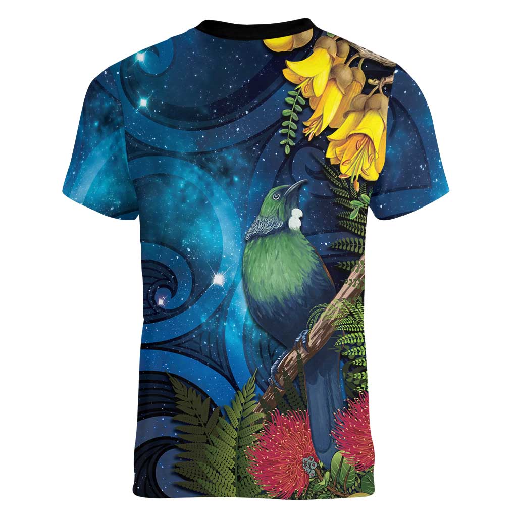 Tui Bird New Zealand Starry Sky Women V-Neck T-Shirt Maori Koru
