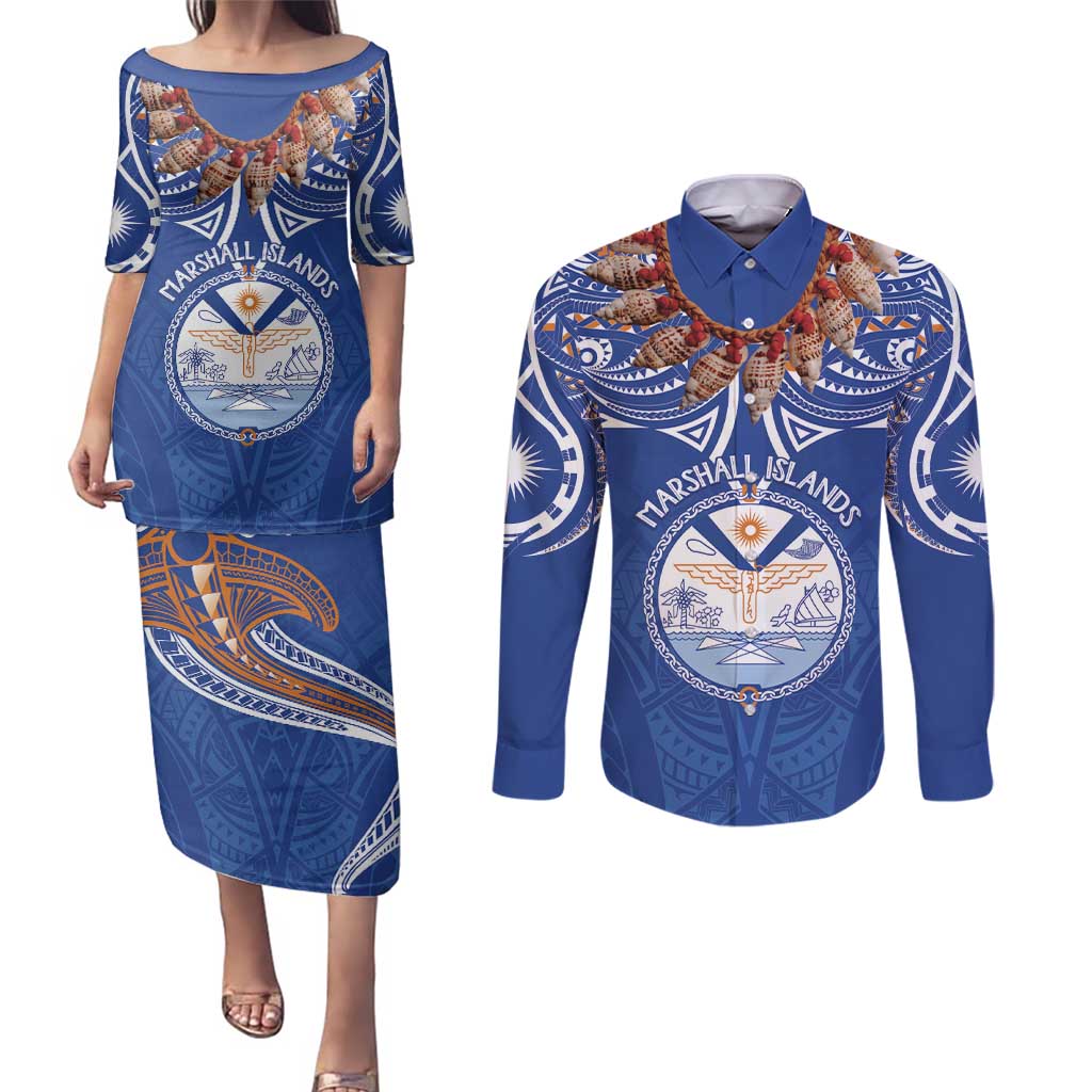 Yokwe Marshall Islands Personalized Couples Matching Puletasi and Long Sleeve Button Shirt Jemenei Day - Seashell Necklace