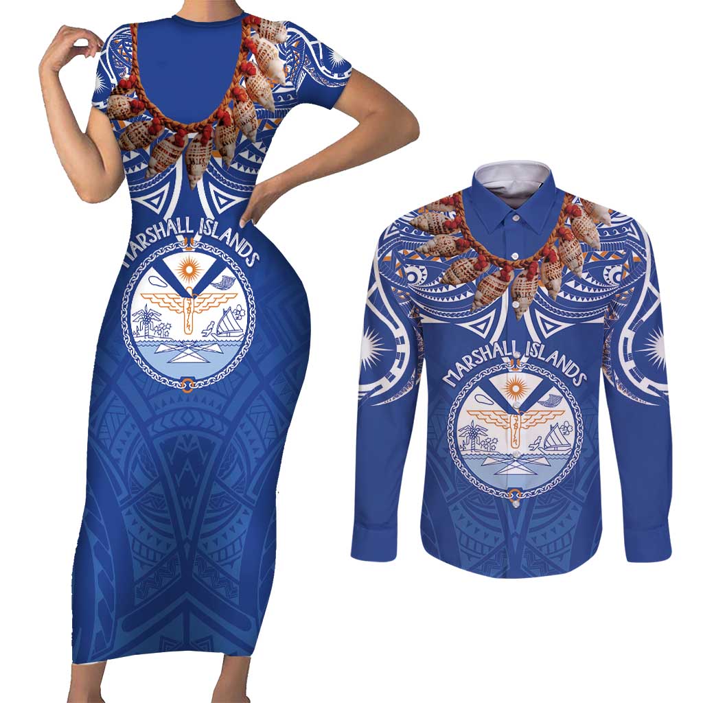 Yokwe Marshall Islands Personalized Couples Matching Short Sleeve Bodycon Dress and Long Sleeve Button Shirt Jemenei Day - Seashell Necklace