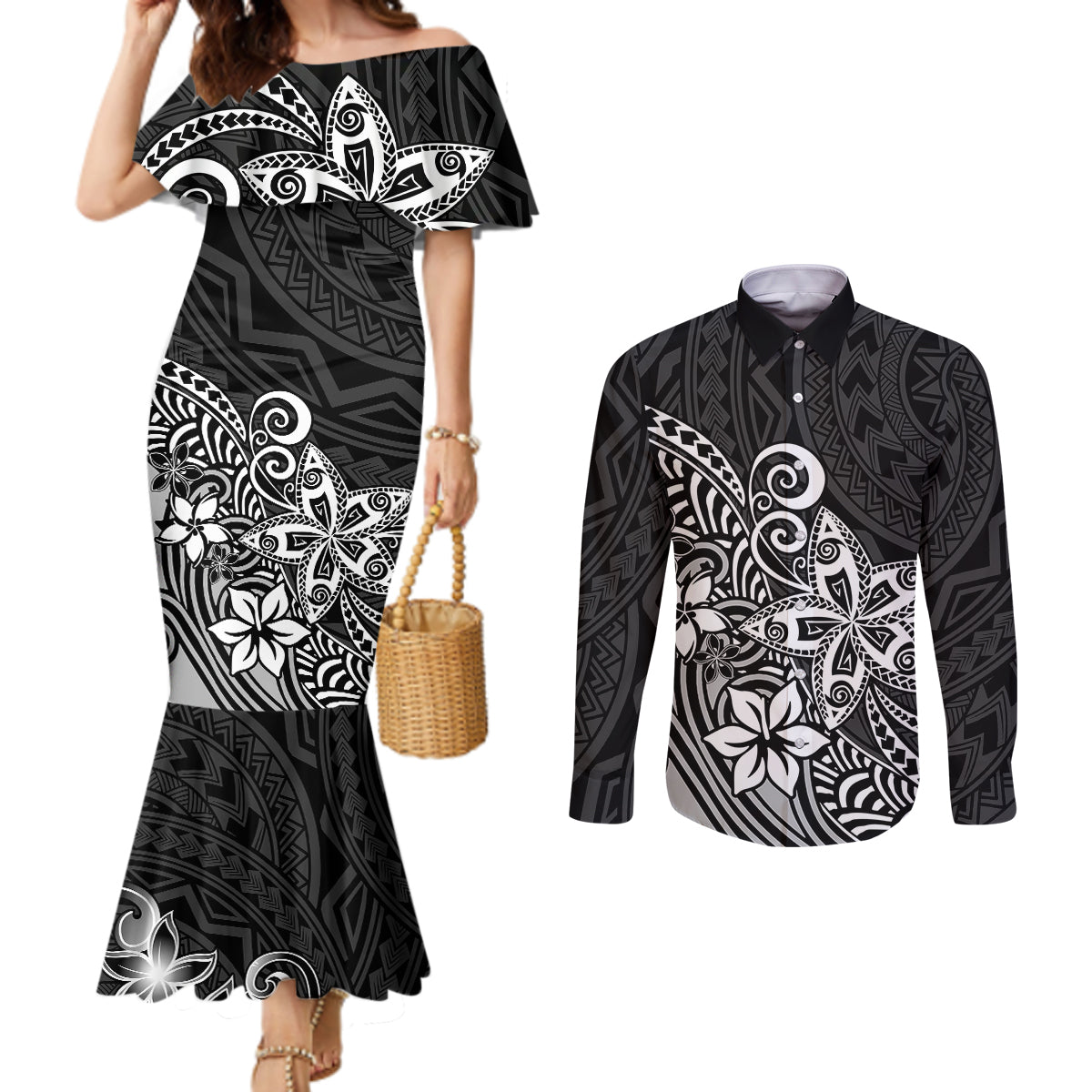 Polynesia Couples Matching Mermaid Dress and Long Sleeve Button Shirts Plumeria Black Curves LT7 Black - Polynesian Pride