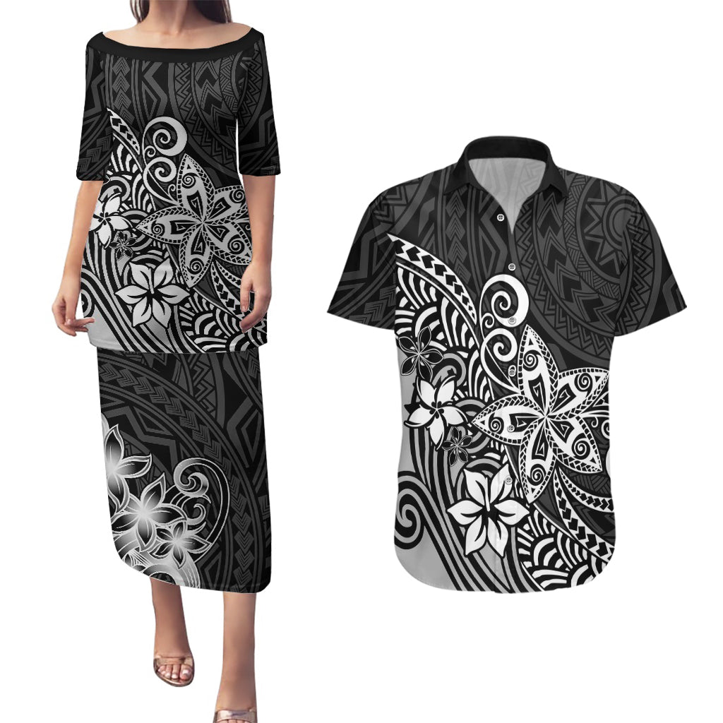 Polynesia Couples Matching Puletasi Dress and Hawaiian Shirt Plumeria Black Curves LT7 Black - Polynesian Pride
