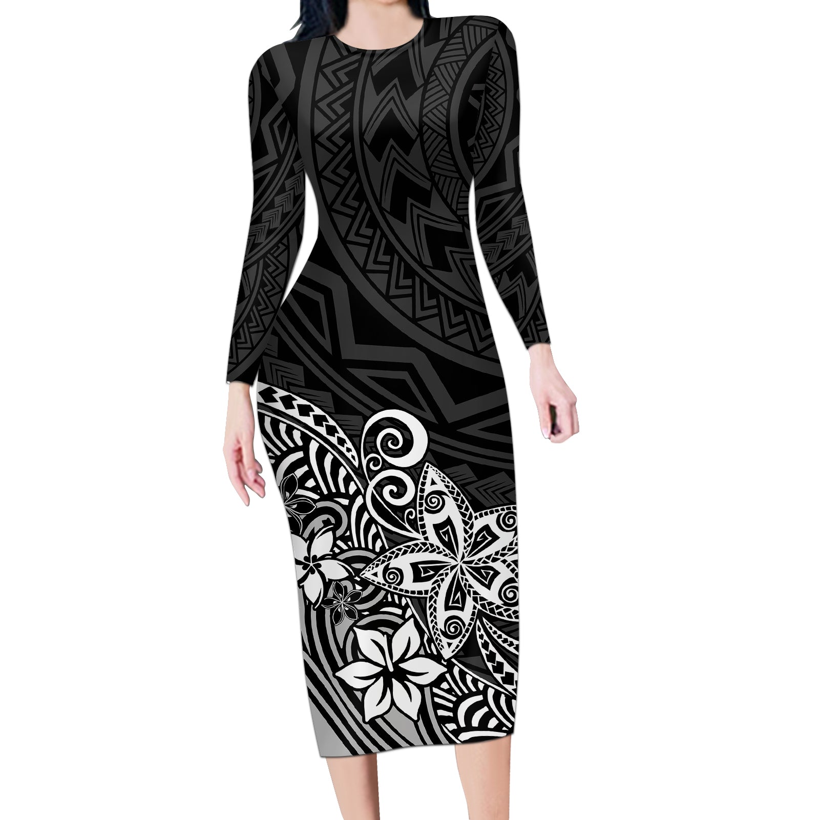 Polynesia Long Sleeve Bodycon Dress Plumeria Black Curves LT7 Long Dress Black - Polynesian Pride