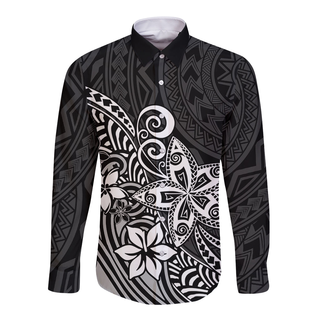 Polynesia Long Sleeve Button Shirt Plumeria Black Curves LT7 Unisex Black - Polynesian Pride