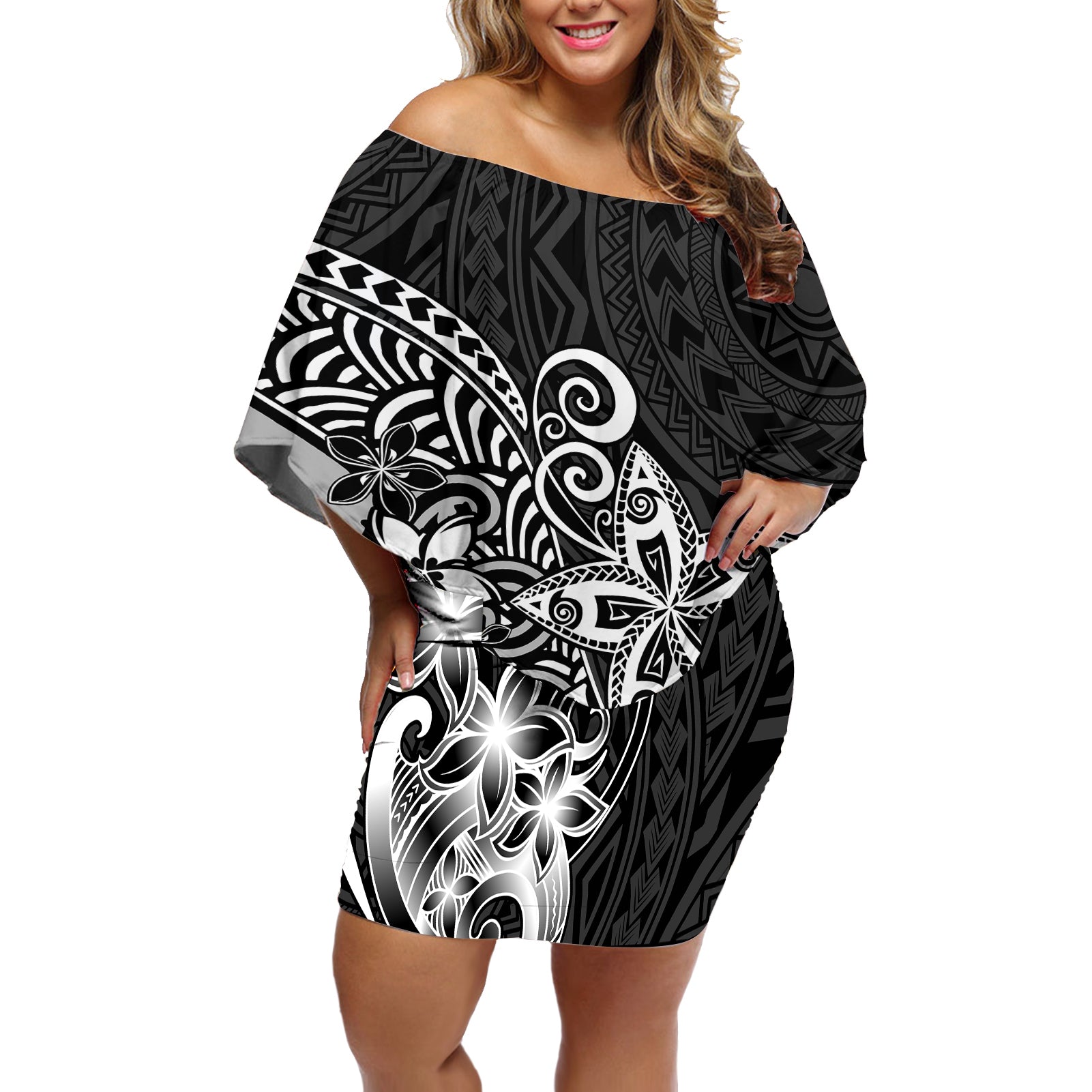 Polynesia Off Shoulder Short Dress Plumeria Black Curves LT7 Women Black - Polynesian Pride