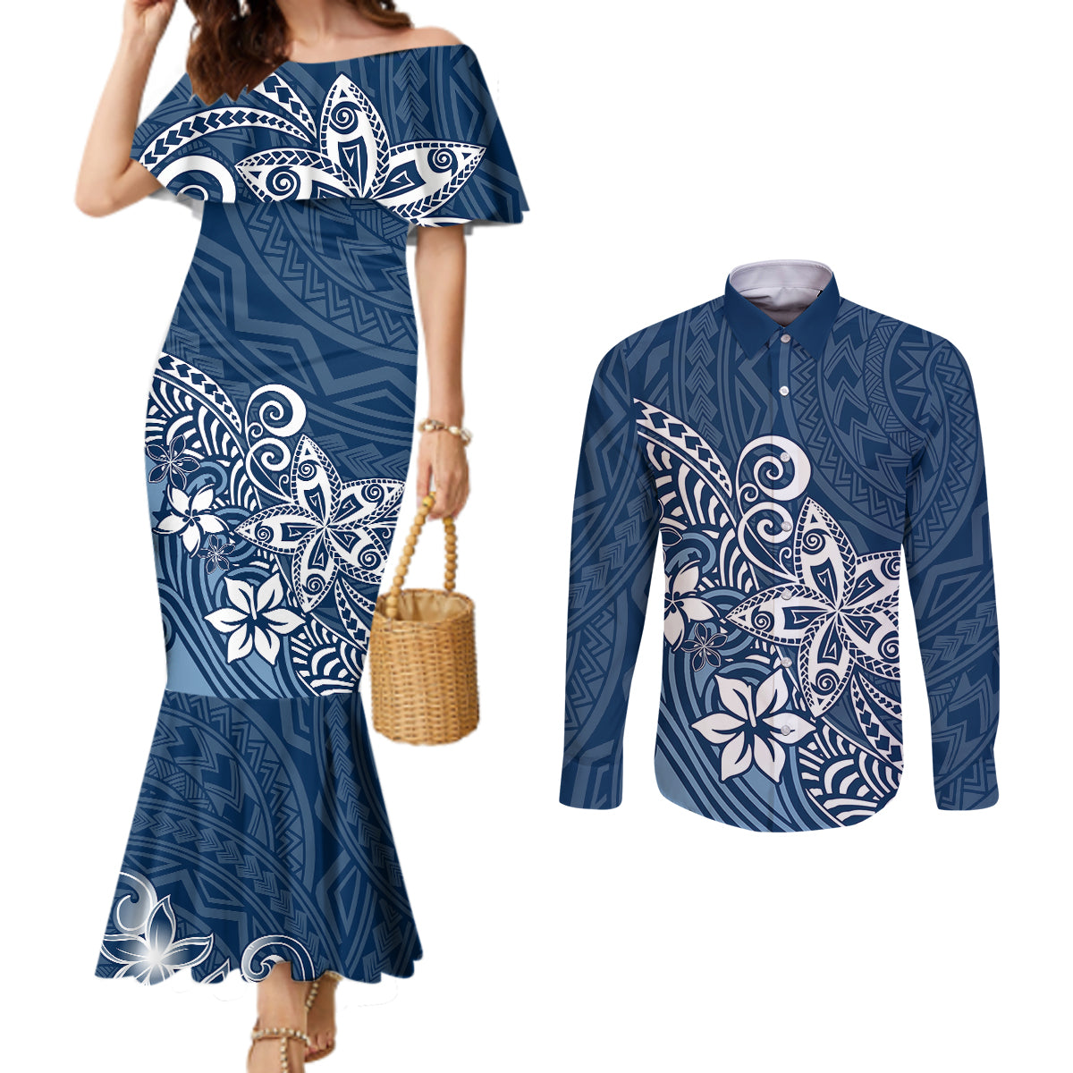 Polynesia Couples Matching Mermaid Dress and Long Sleeve Button Shirts Plumeria Blue Curves LT7 Blue - Polynesian Pride