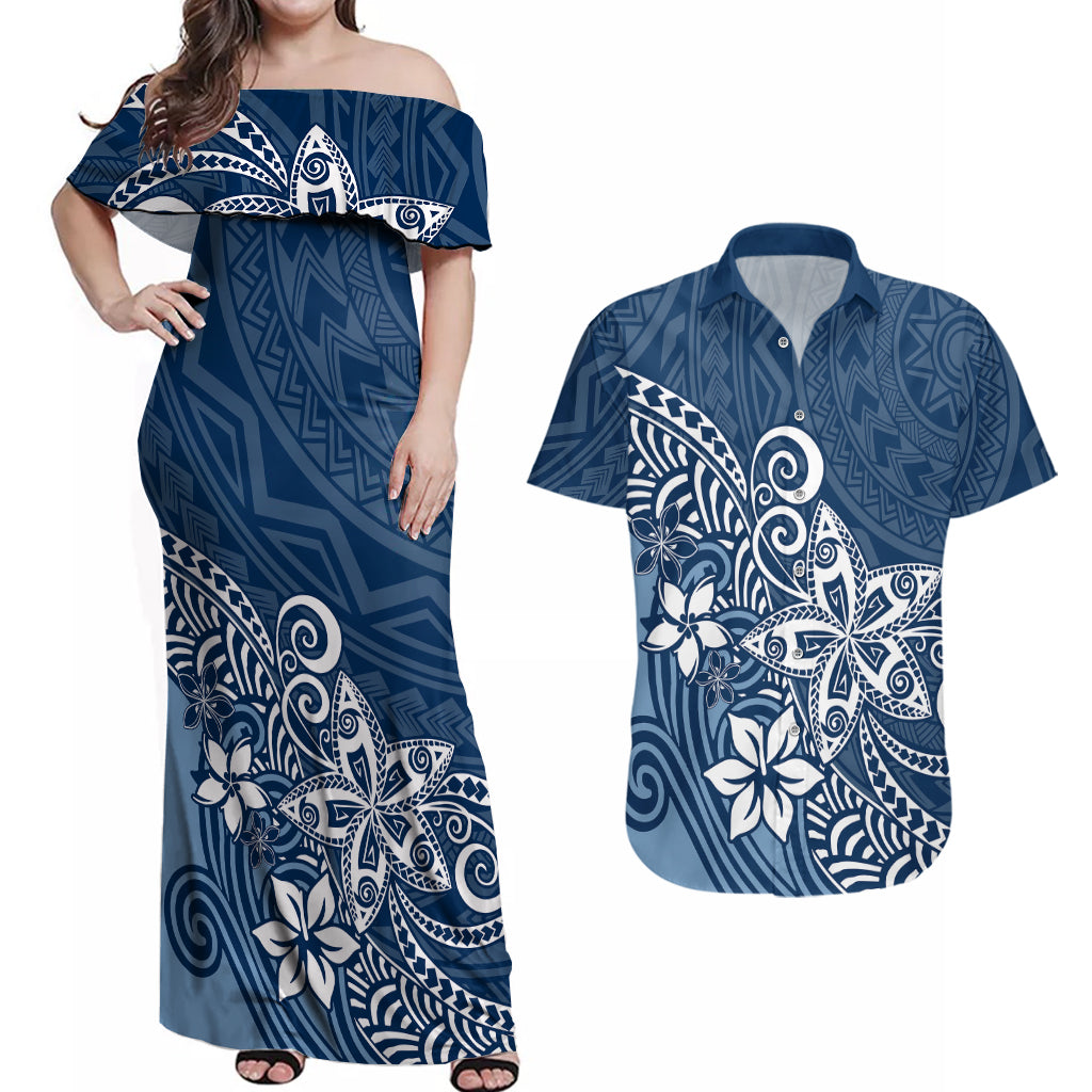 Polynesia Couples Matching Off Shoulder Maxi Dress and Hawaiian Shirt Plumeria Blue Curves LT7 Blue - Polynesian Pride