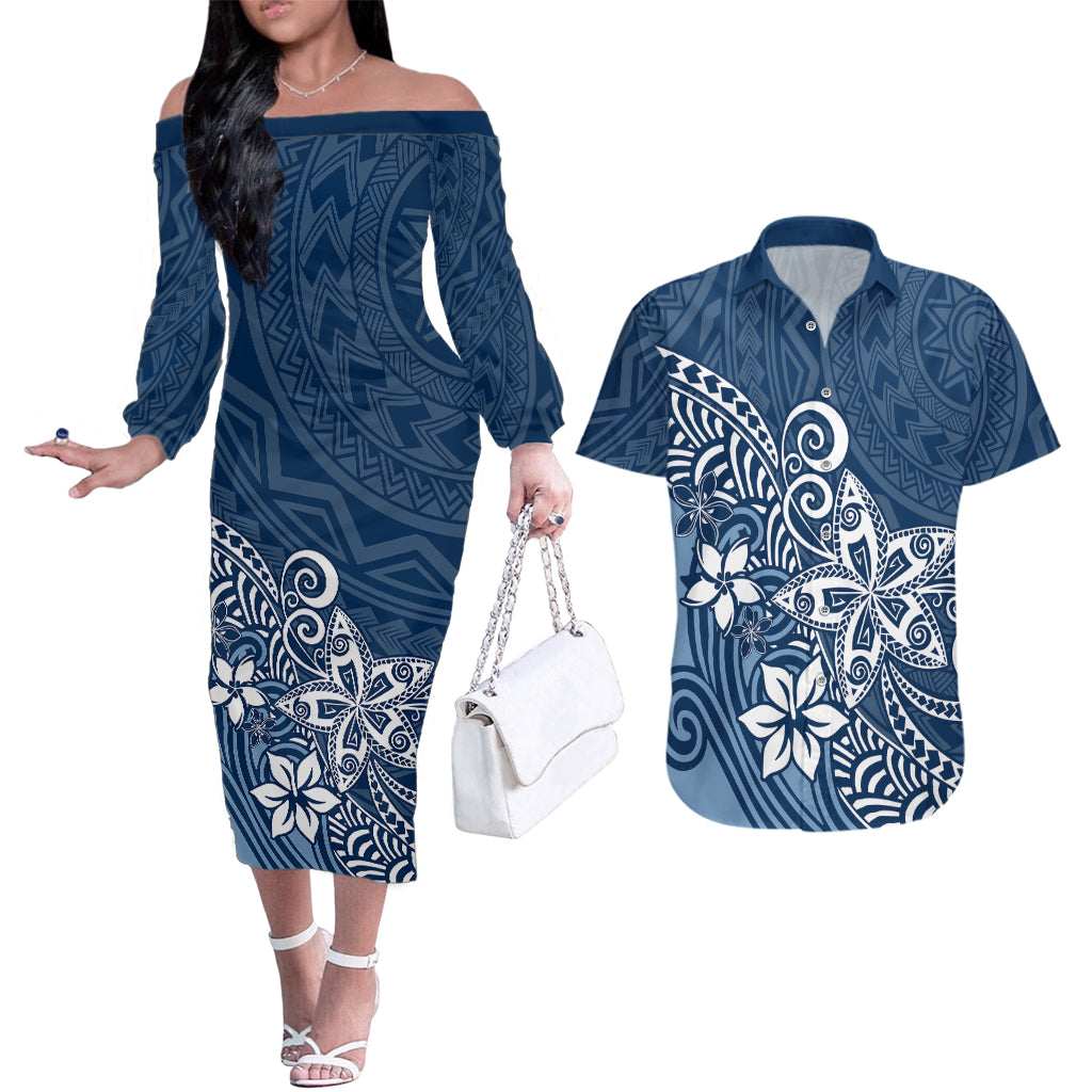 Polynesia Couples Matching Off The Shoulder Long Sleeve Dress and Hawaiian Shirt Plumeria Blue Curves LT7 Blue - Polynesian Pride