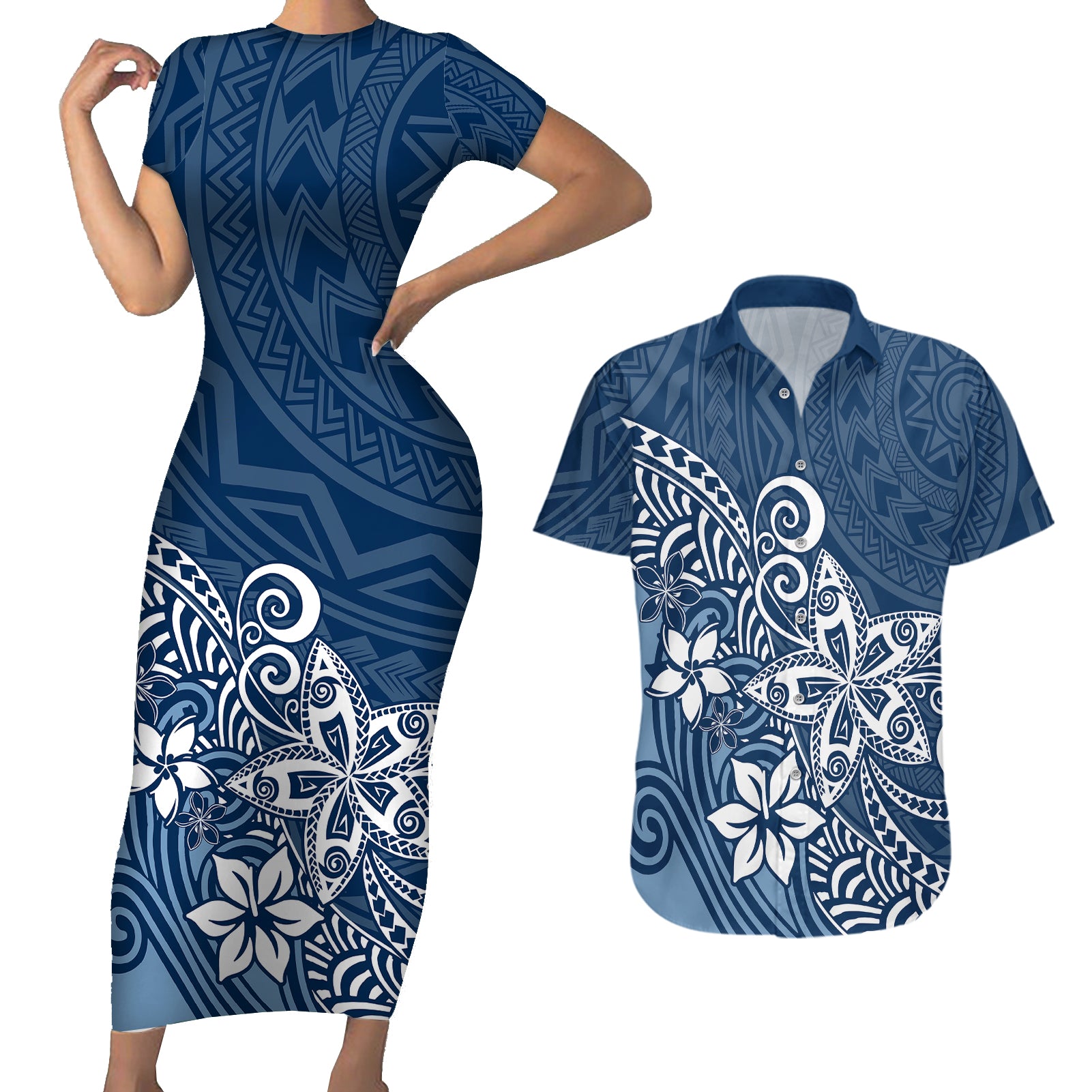 Polynesia Couples Matching Short Sleeve Bodycon Dress and Hawaiian Shirt Plumeria Blue Curves LT7 Blue - Polynesian Pride