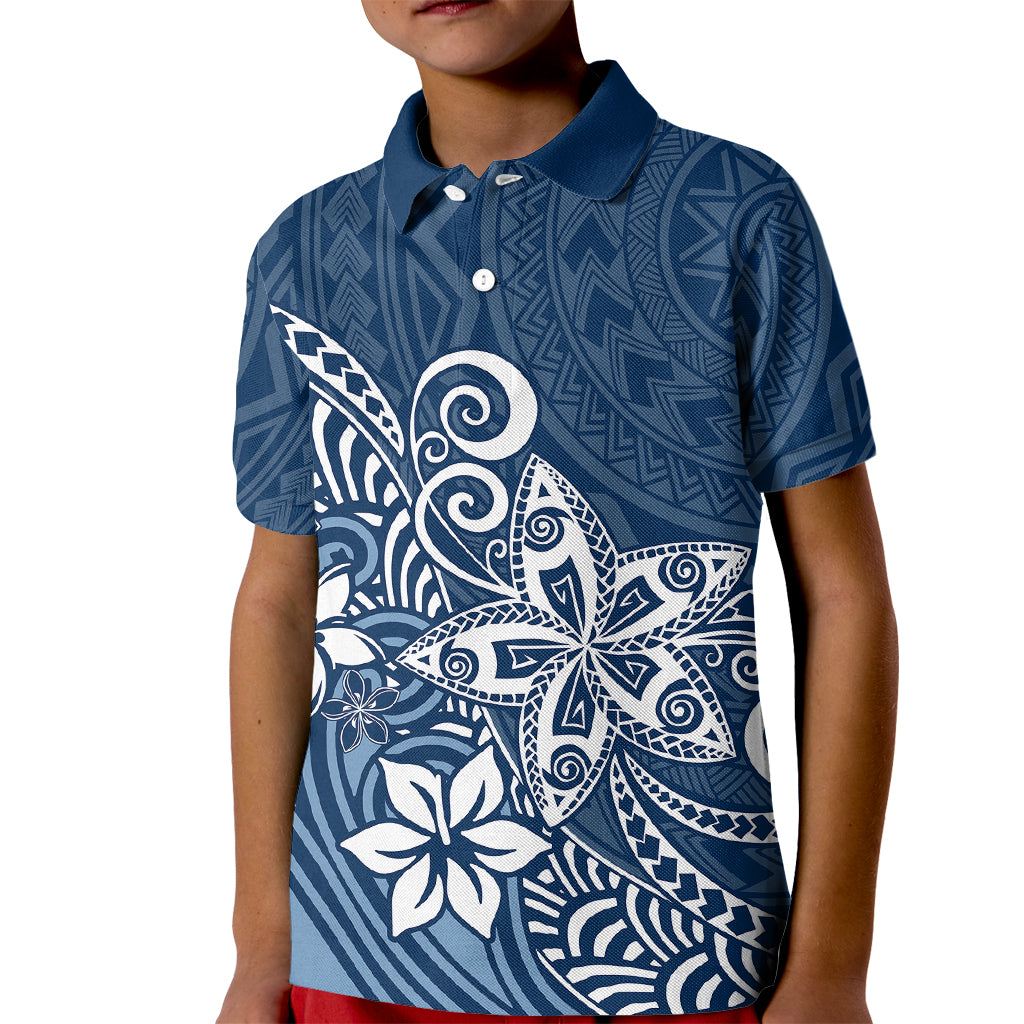 Polynesia Kid Polo Shirt Plumeria Blue Curves LT7 Kid Blue - Polynesian Pride
