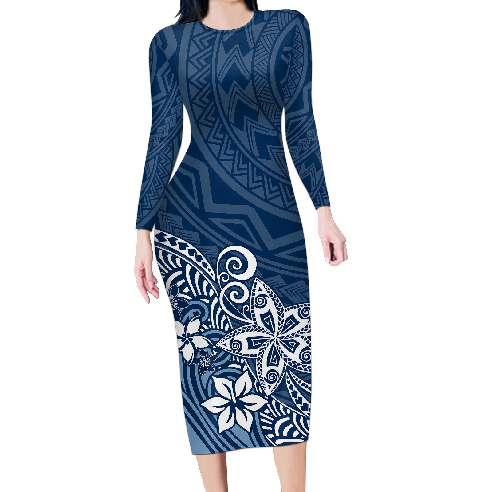 Polynesia Long Sleeve Bodycon Dress Plumeria Blue Curves LT7 Long Dress Blue - Polynesian Pride