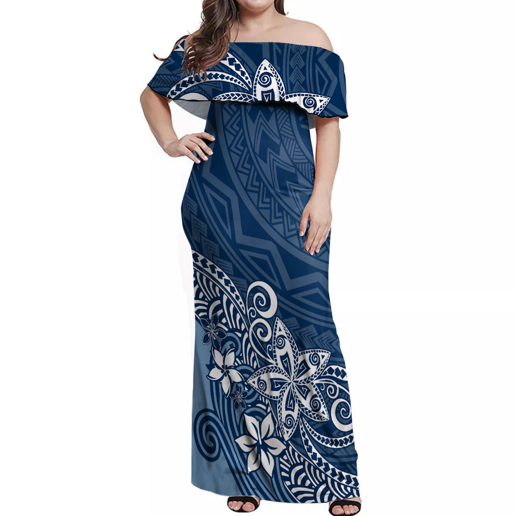 Polynesia Off Shoulder Maxi Dress Plumeria Blue Curves LT7 Women Blue - Polynesian Pride