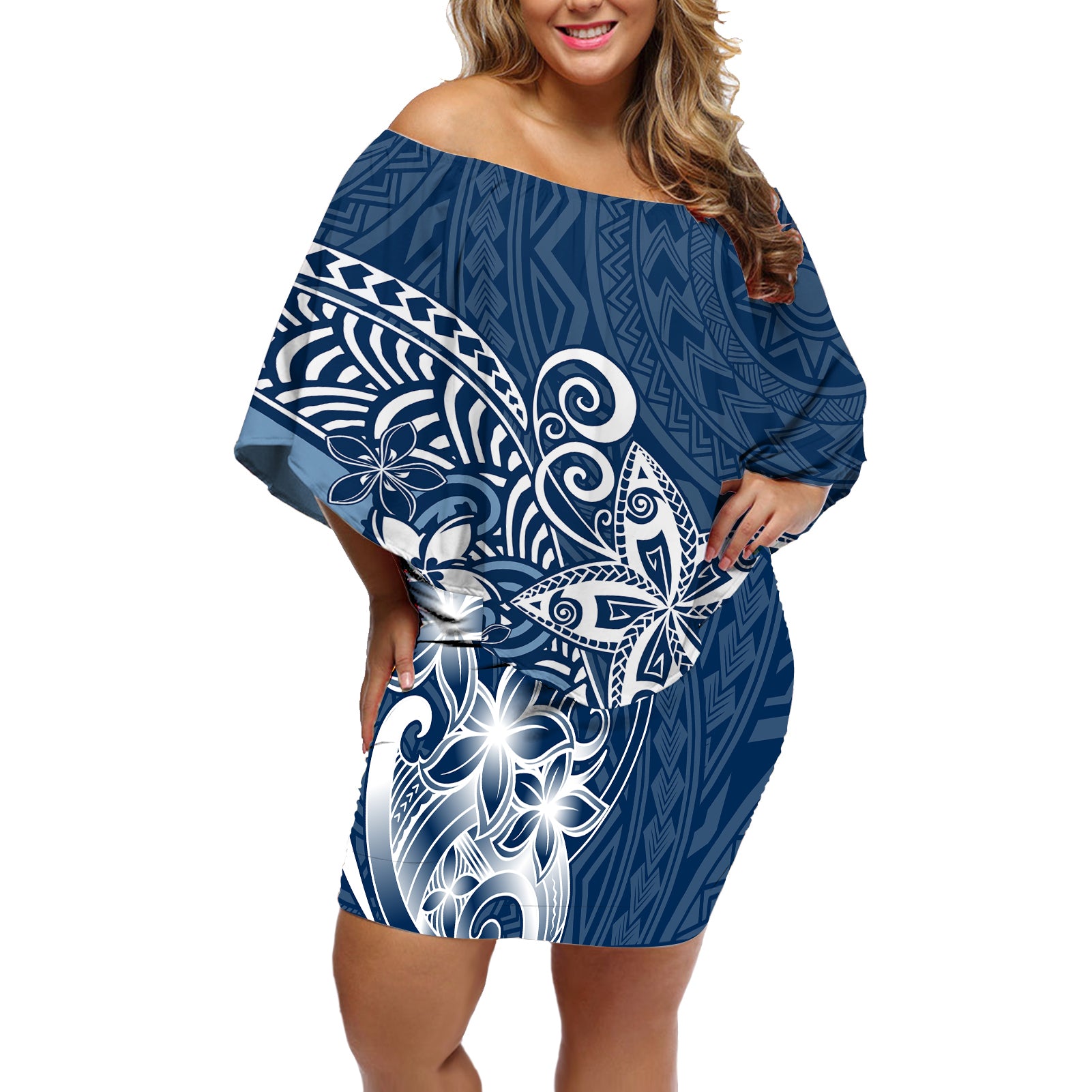 Polynesia Off Shoulder Short Dress Plumeria Blue Curves LT7 Women Blue - Polynesian Pride