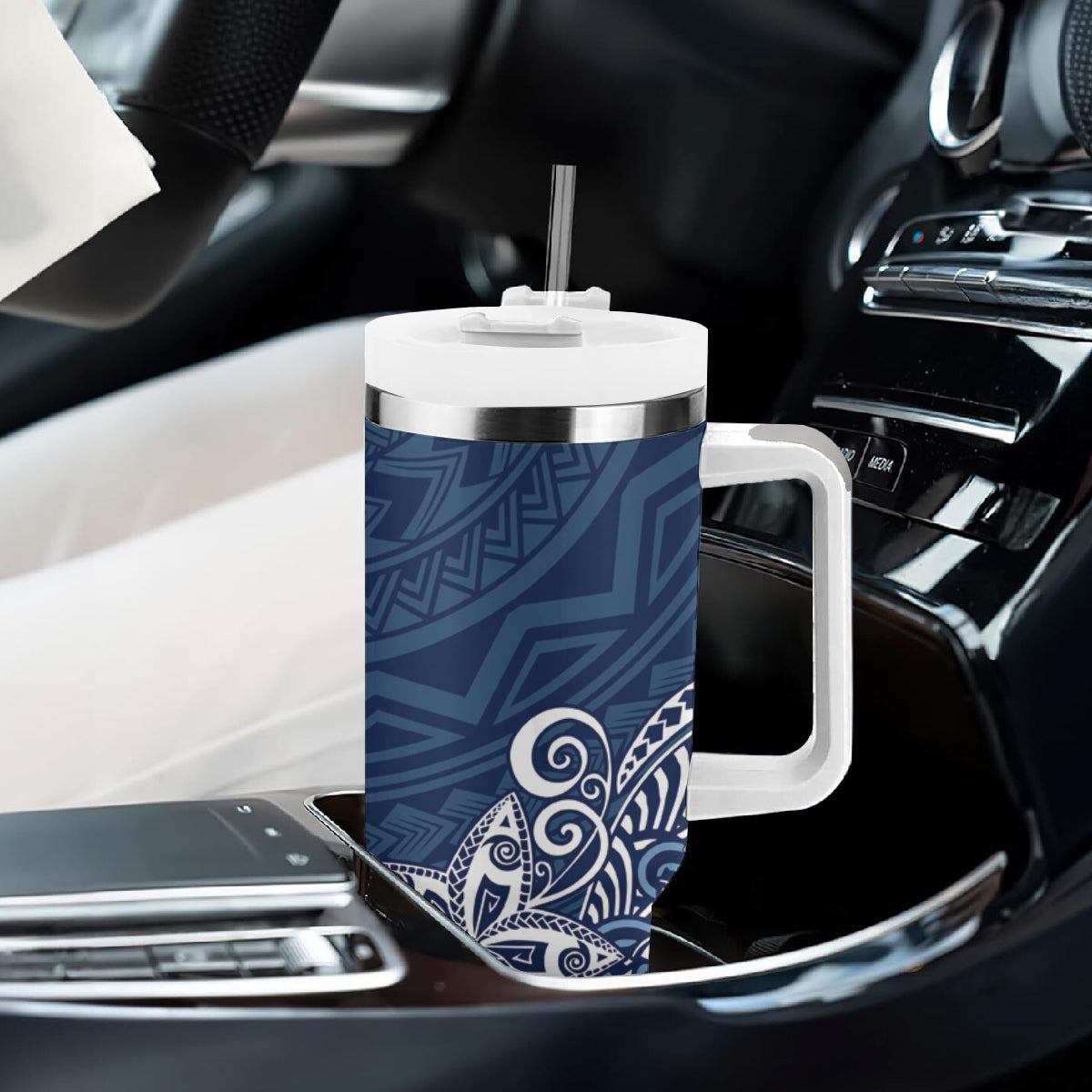 Hawaii Tumbler With Handle Plumeria Navy Curves