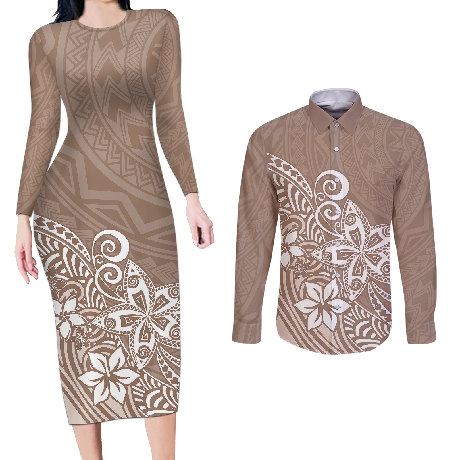 Polynesia Couples Matching Long Sleeve Bodycon Dress and Long Sleeve Button Shirts Plumeria Beige Curves LT7 Beige - Polynesian Pride