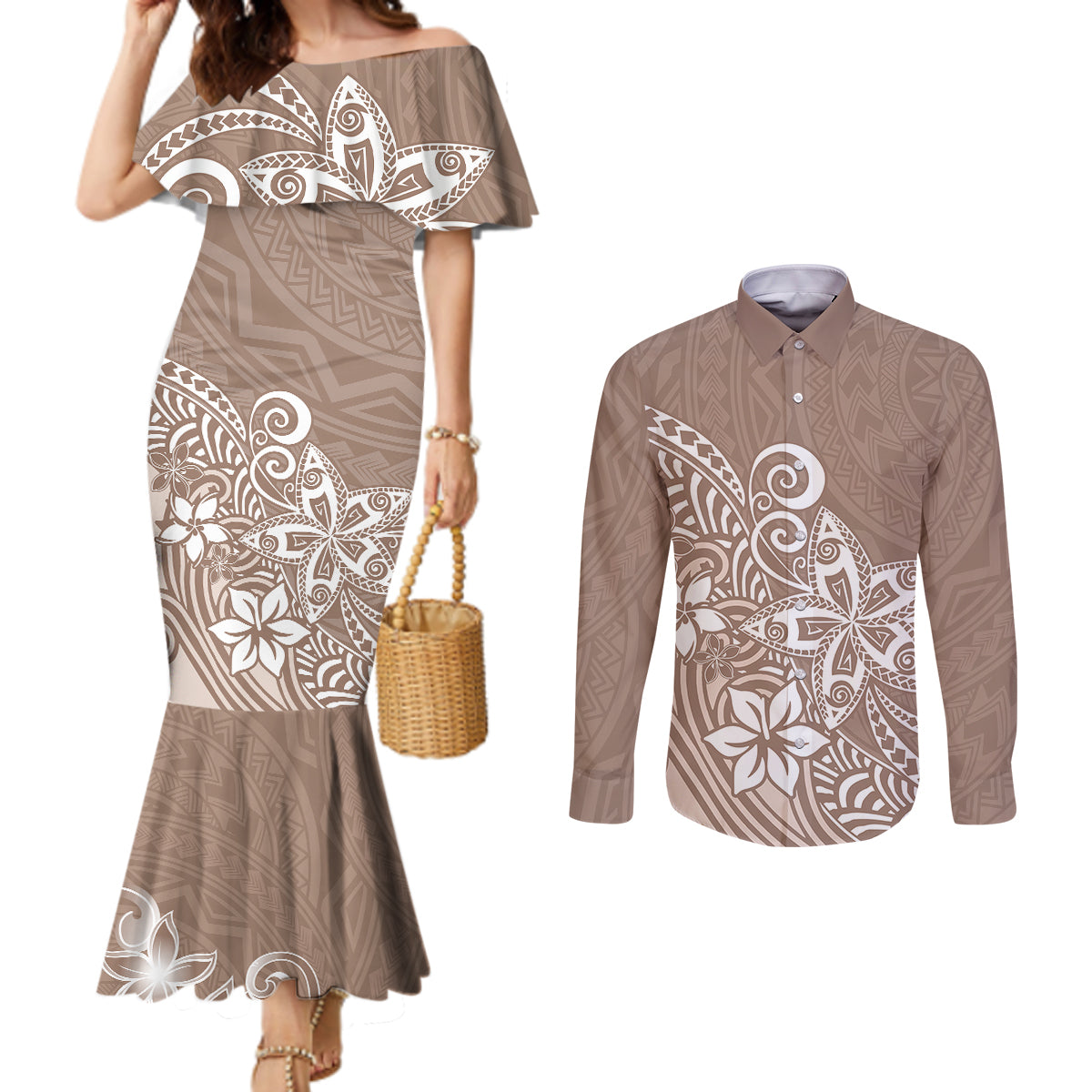 Polynesia Couples Matching Mermaid Dress and Long Sleeve Button Shirts Plumeria Beige Curves LT7 Beige - Polynesian Pride