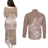 Polynesia Couples Matching Puletasi Dress and Long Sleeve Button Shirts Plumeria Beige Curves LT7 - Polynesian Pride