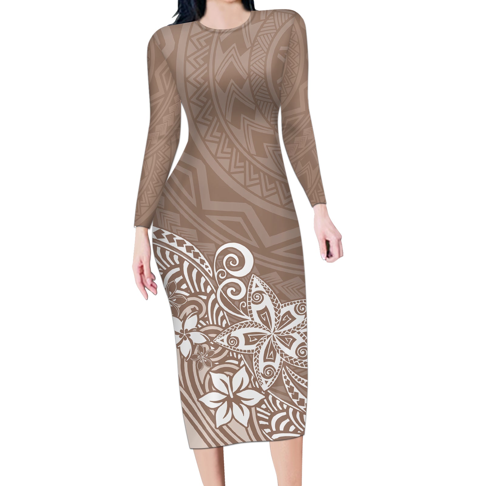 Polynesia Long Sleeve Bodycon Dress Plumeria Beige Curves LT7 Long Dress Beige - Polynesian Pride