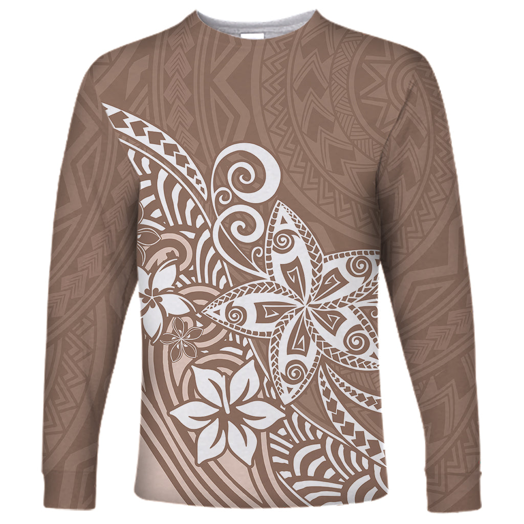 Polynesia Long Sleeve Shirt Plumeria Beige Curves LT7 Unisex Beige - Polynesian Pride