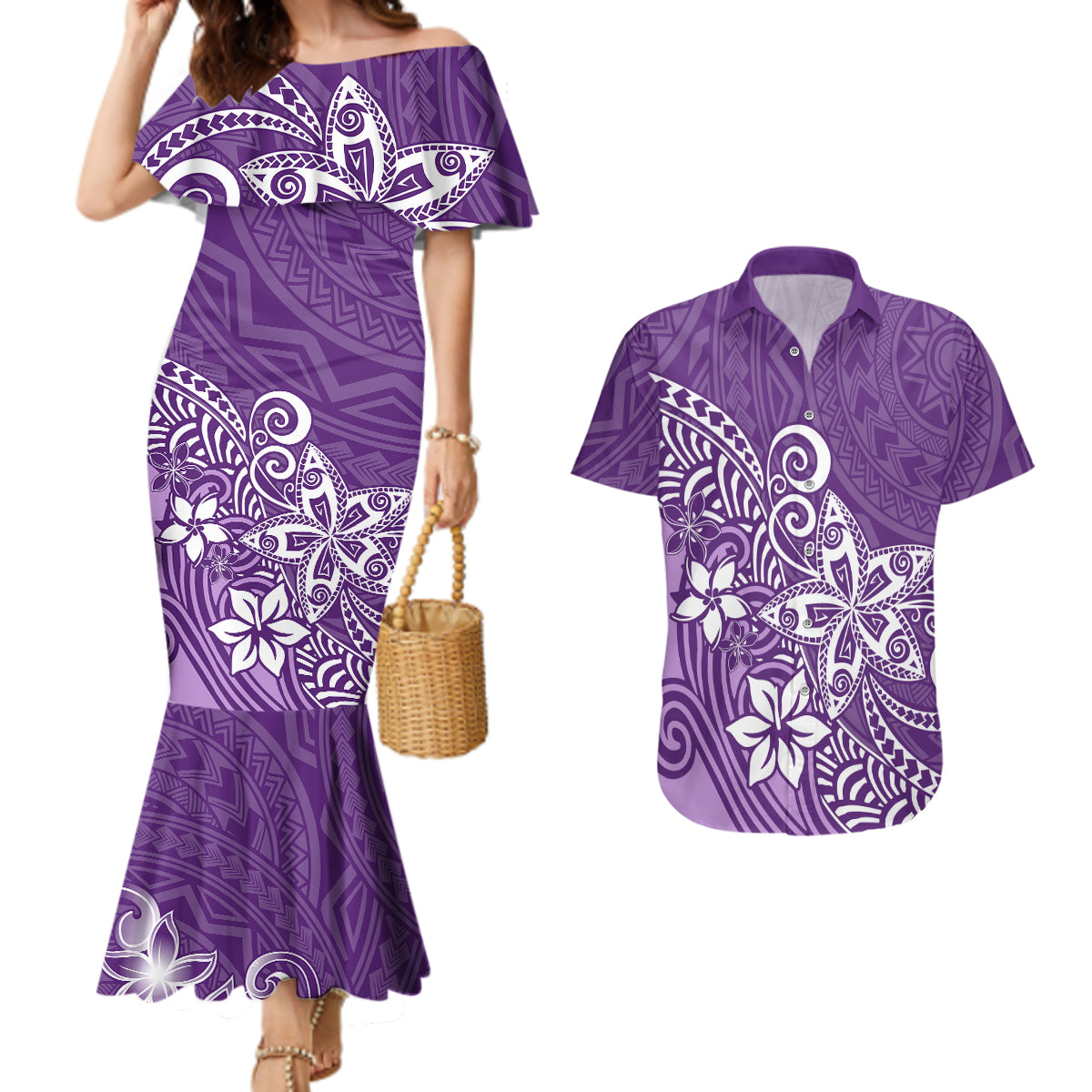 Polynesia Couples Matching Mermaid Dress And Hawaiian Shirt Plumeria Purple Curves LT7 Purple - Polynesian Pride