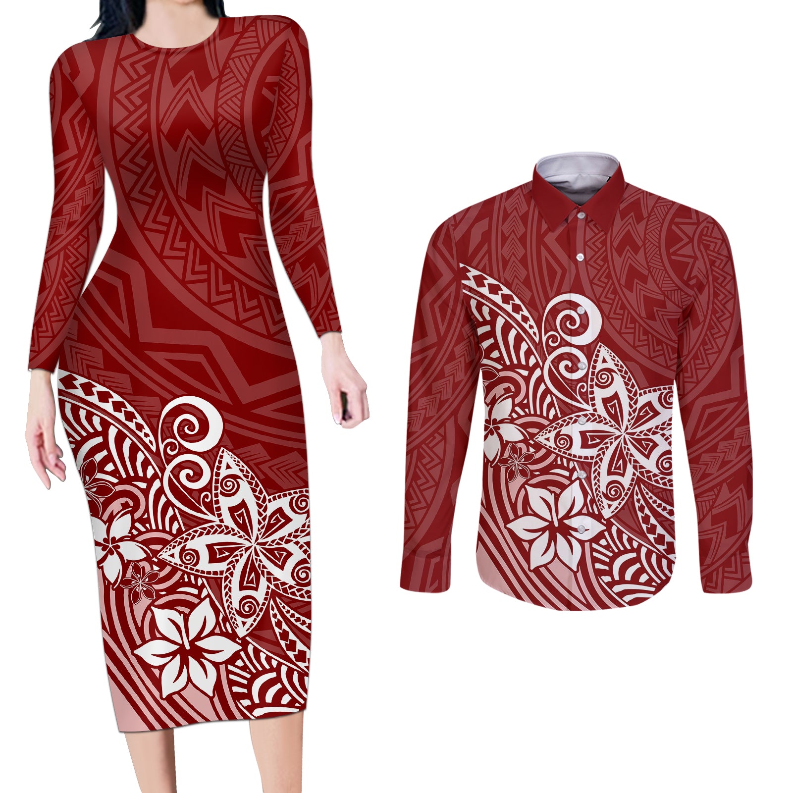 Polynesia Couples Matching Long Sleeve Bodycon Dress and Long Sleeve Button Shirts Plumeria Red Curves LT7 Red - Polynesian Pride