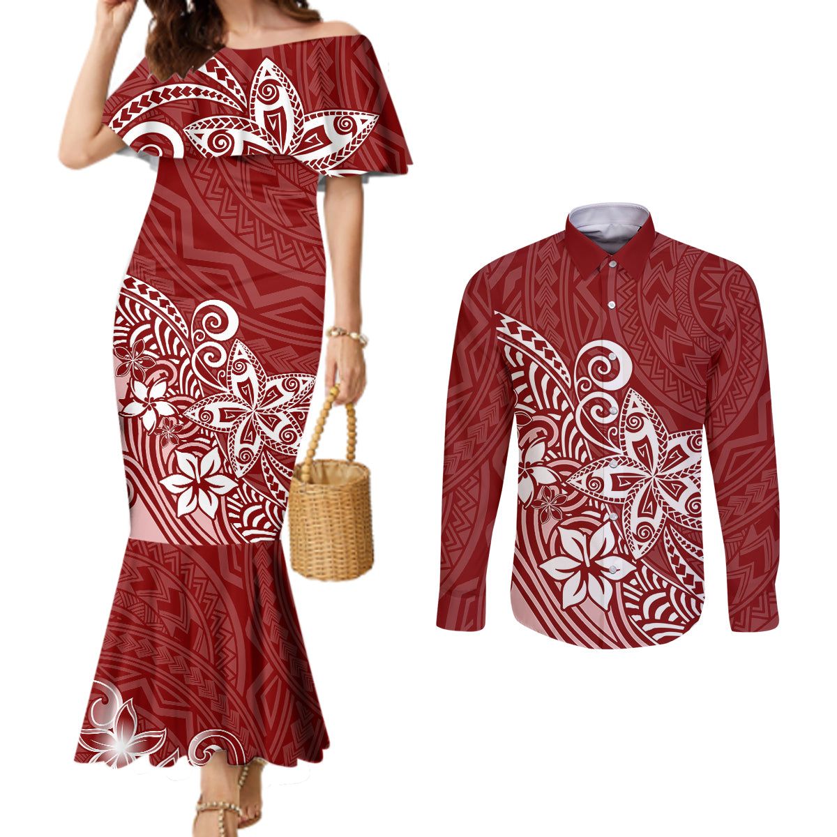 Polynesia Couples Matching Mermaid Dress and Long Sleeve Button Shirts Plumeria Red Curves LT7 Red - Polynesian Pride