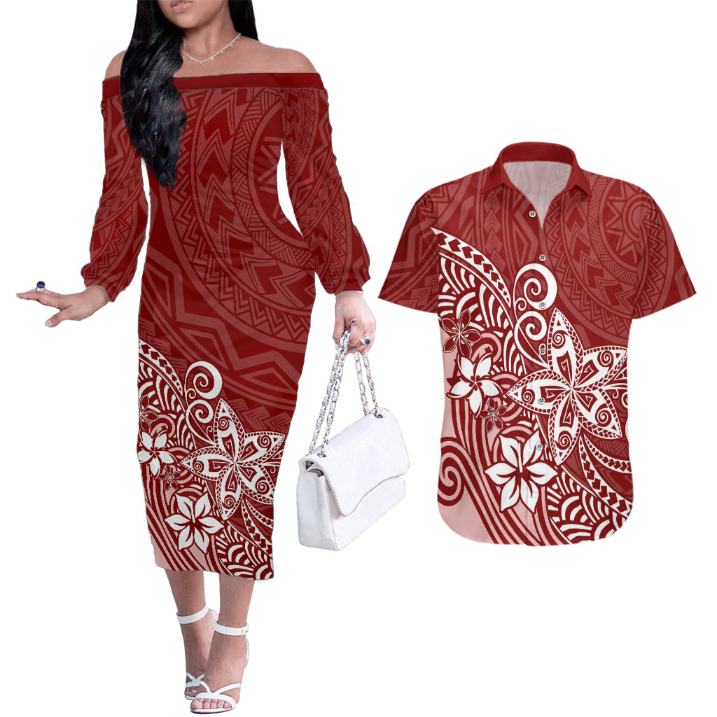 Polynesia Couples Matching Off The Shoulder Long Sleeve Dress and Hawaiian Shirt Plumeria Red Curves LT7 Red - Polynesian Pride