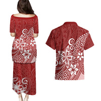 Polynesia Couples Matching Puletasi Dress and Hawaiian Shirt Plumeria Red Curves LT7 - Polynesian Pride