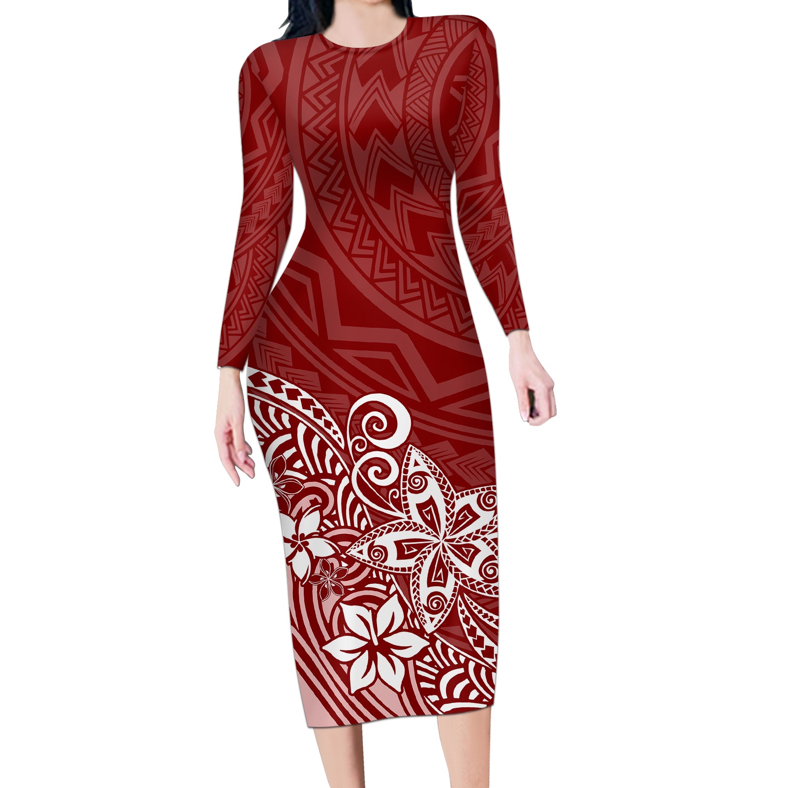 Polynesia Long Sleeve Bodycon Dress Plumeria Red Curves LT7 Long Dress Red - Polynesian Pride