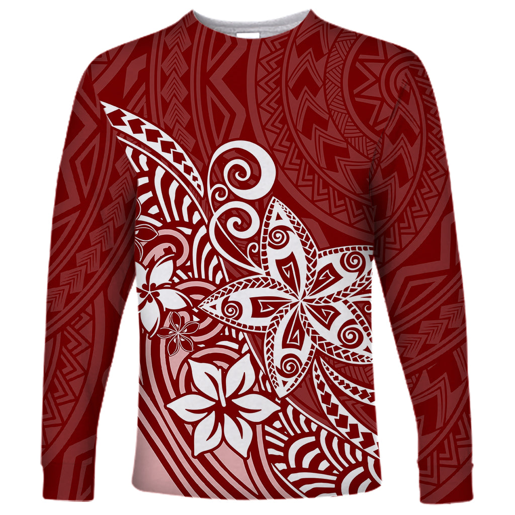 Polynesia Long Sleeve Shirt Plumeria Red Curves LT7 Unisex Red - Polynesian Pride