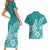 Polynesia Couples Matching Short Sleeve Bodycon Dress and Hawaiian Shirt Plumeria Teal Curves LT7 - Polynesian Pride