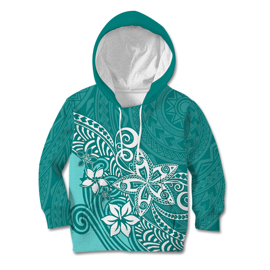 Polynesia Kid Hoodie Plumeria Teal Curves LT7 Hoodie Teal - Polynesian Pride