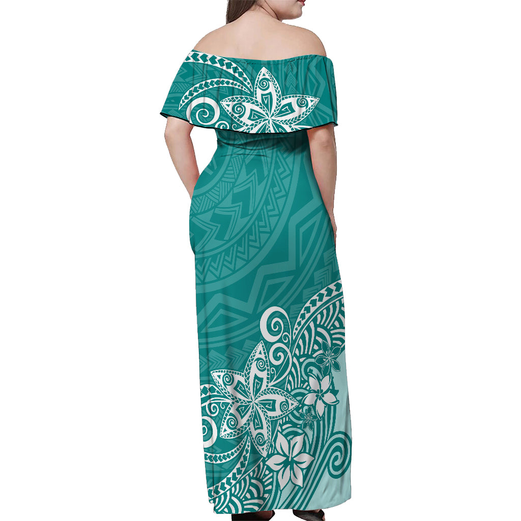 Polynesia Off Shoulder Maxi Dress Plumeria Teal Curves LT7 - Polynesian Pride