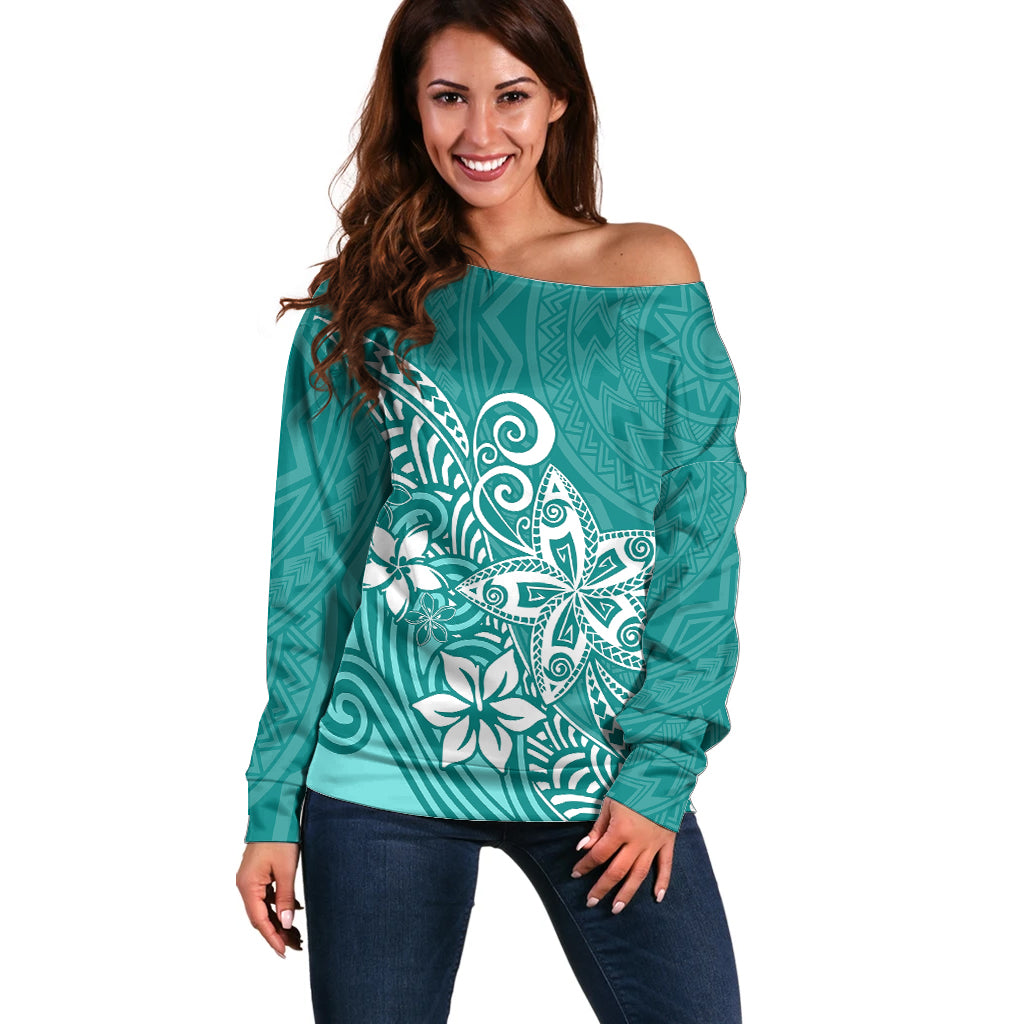 Polynesia Off Shoulder Sweater Plumeria Teal Curves LT7 Women Teal - Polynesian Pride