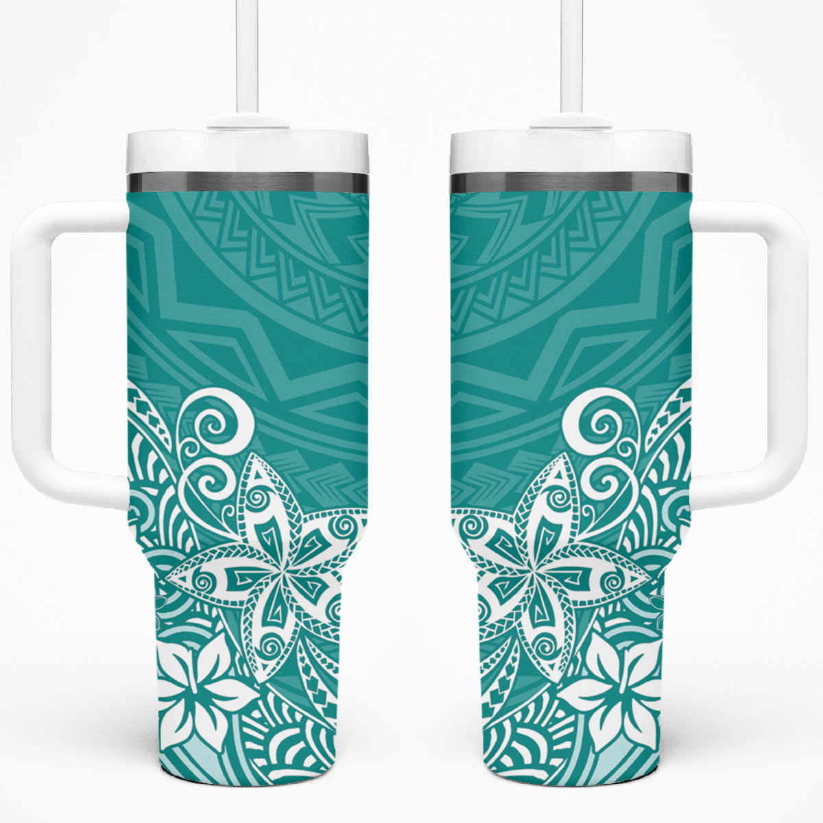 Hawaii Tumbler With Handle Plumeria Teal Curves