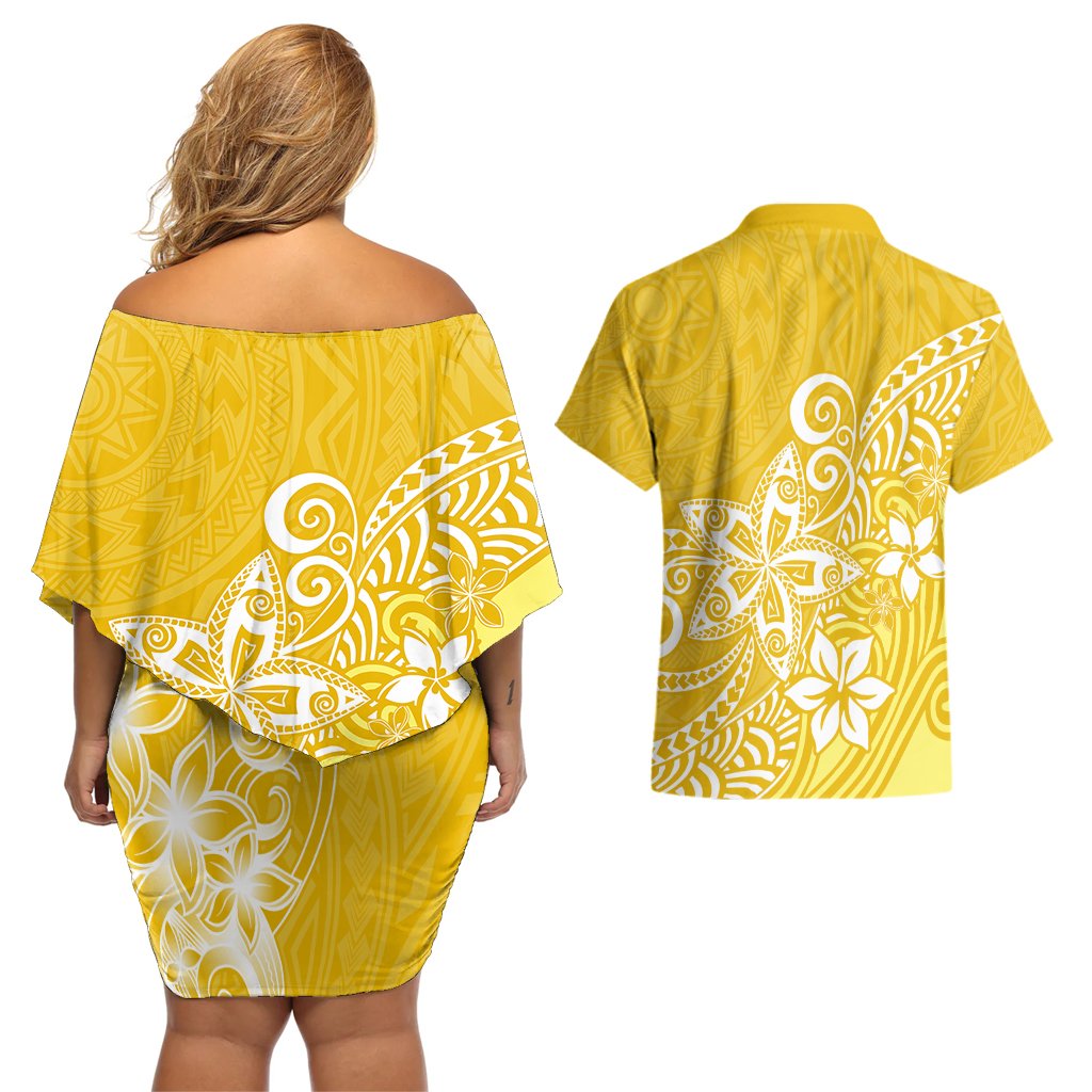 Polynesia Couples Matching Off Shoulder Short Dress and Hawaiian Shirt Plumeria Yellow Curves LT7 - Polynesian Pride