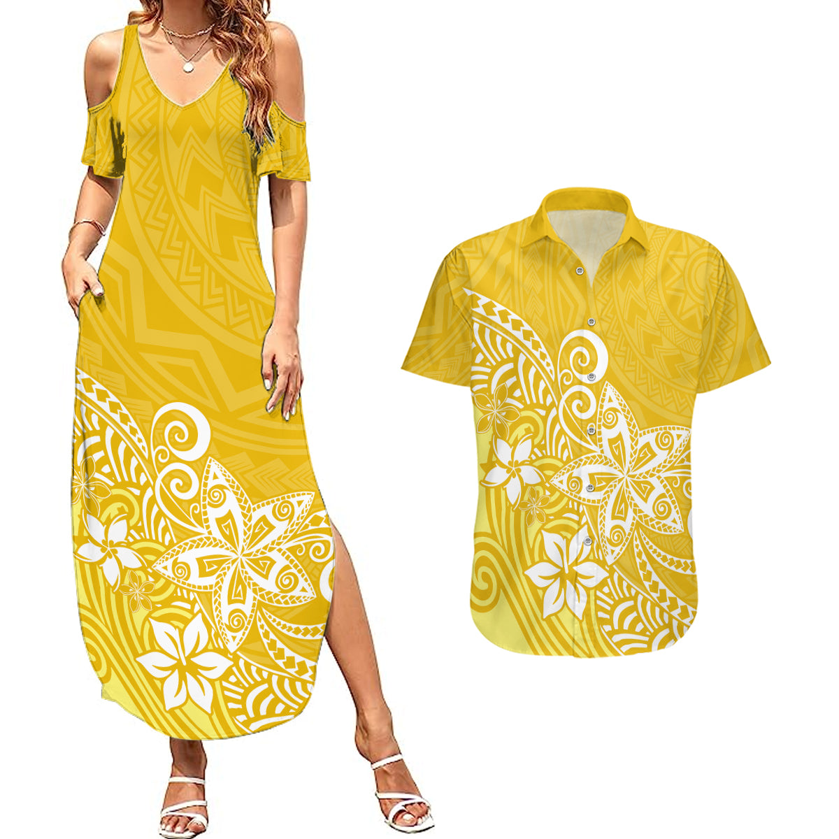 Polynesia Couples Matching Summer Maxi Dress and Hawaiian Shirt Plumeria Yellow Curves LT7 Yellow - Polynesian Pride