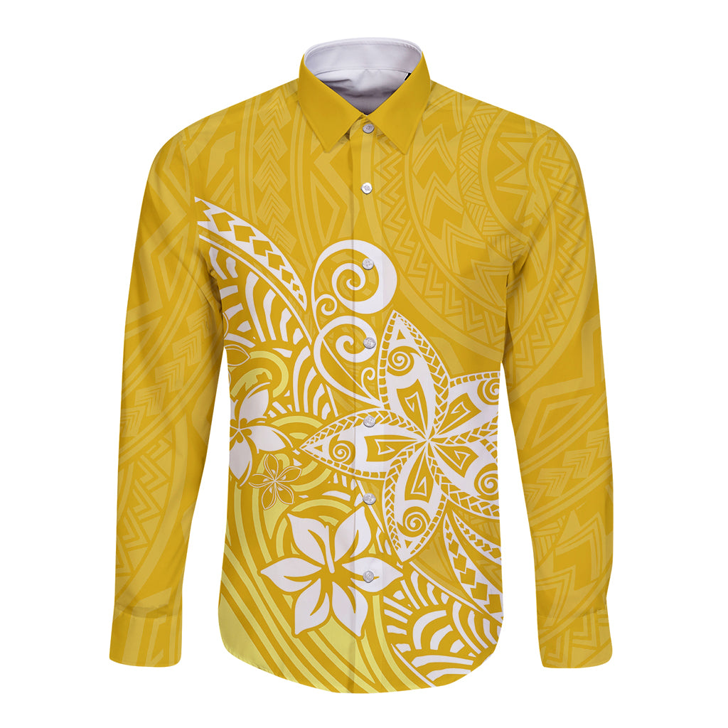Polynesia Long Sleeve Button Shirt Plumeria Yellow Curves LT7 Unisex Yellow - Polynesian Pride