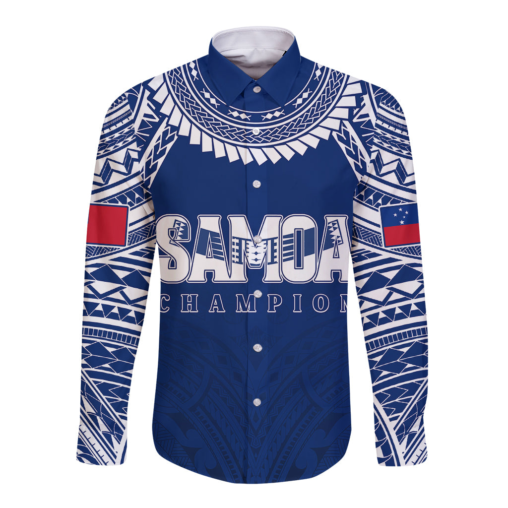 Personalised Samoa Rugby Long Sleeve Button Shirt WC 2023 Champions LT7 Unisex Blue - Polynesian Pride