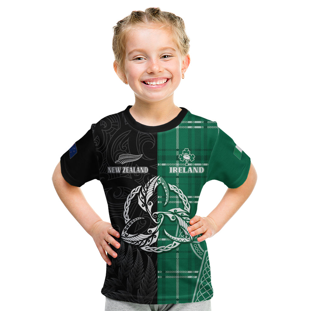 Personalised New Zealand Mix Ireland Rugby Kid T Shirt Celtic Knot Mix Silver Ferns LT7 Art - Polynesian Pride